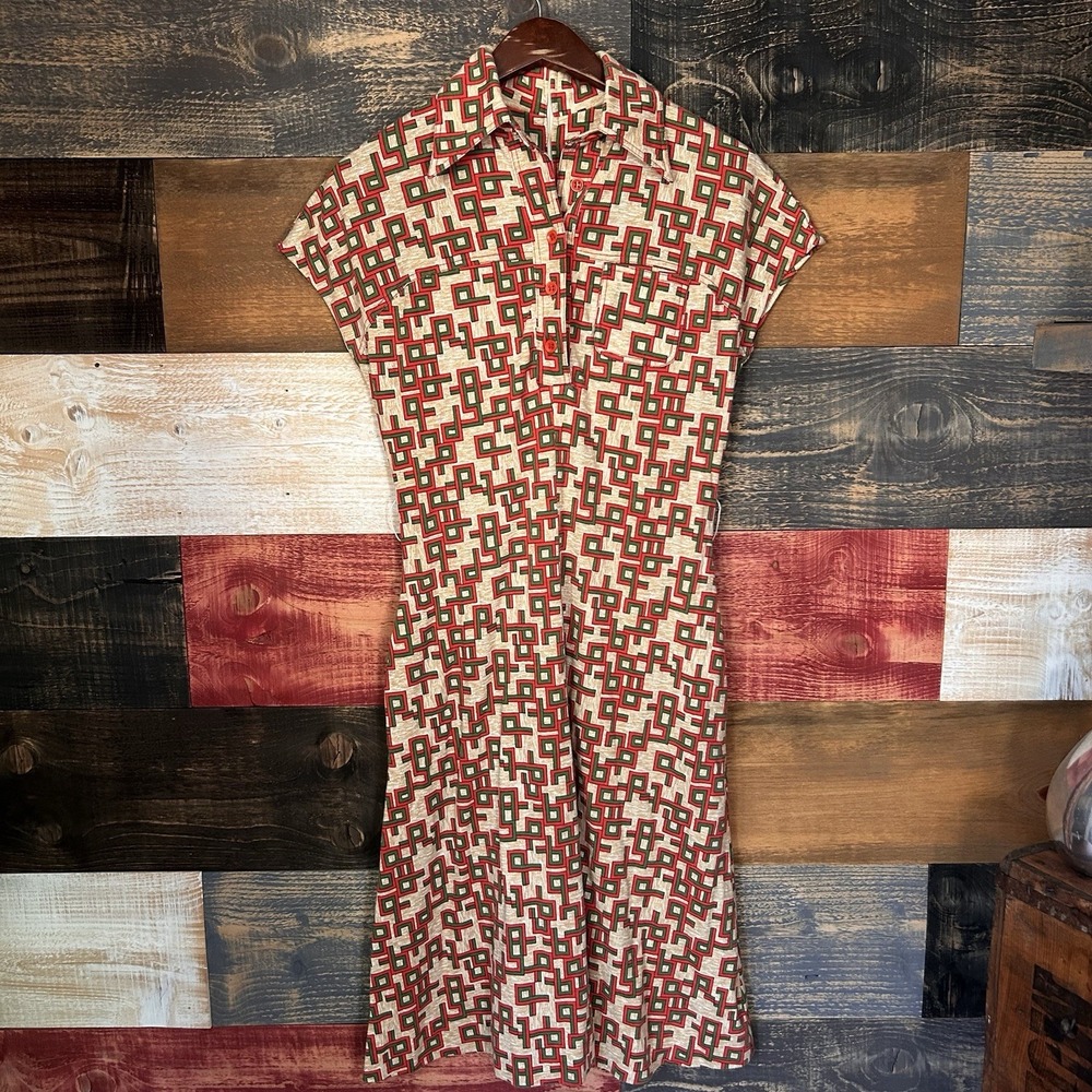 Vintage Jonathan Logan A-Line Dress 50s Geometric Medallion Print Red Green M